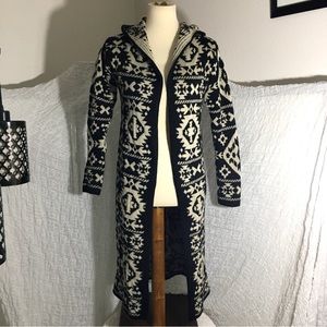 Black and Cream Hooded Long Knit Cardigan Sweater